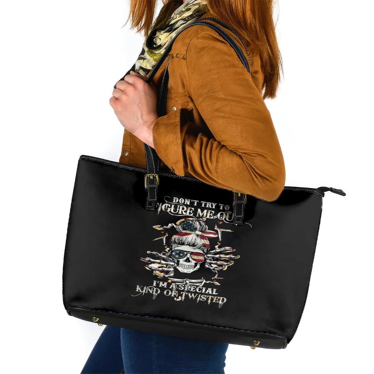 Girl Skull Leather Tote Bag Don't Try To Figured Me Out I Special Kind DT01