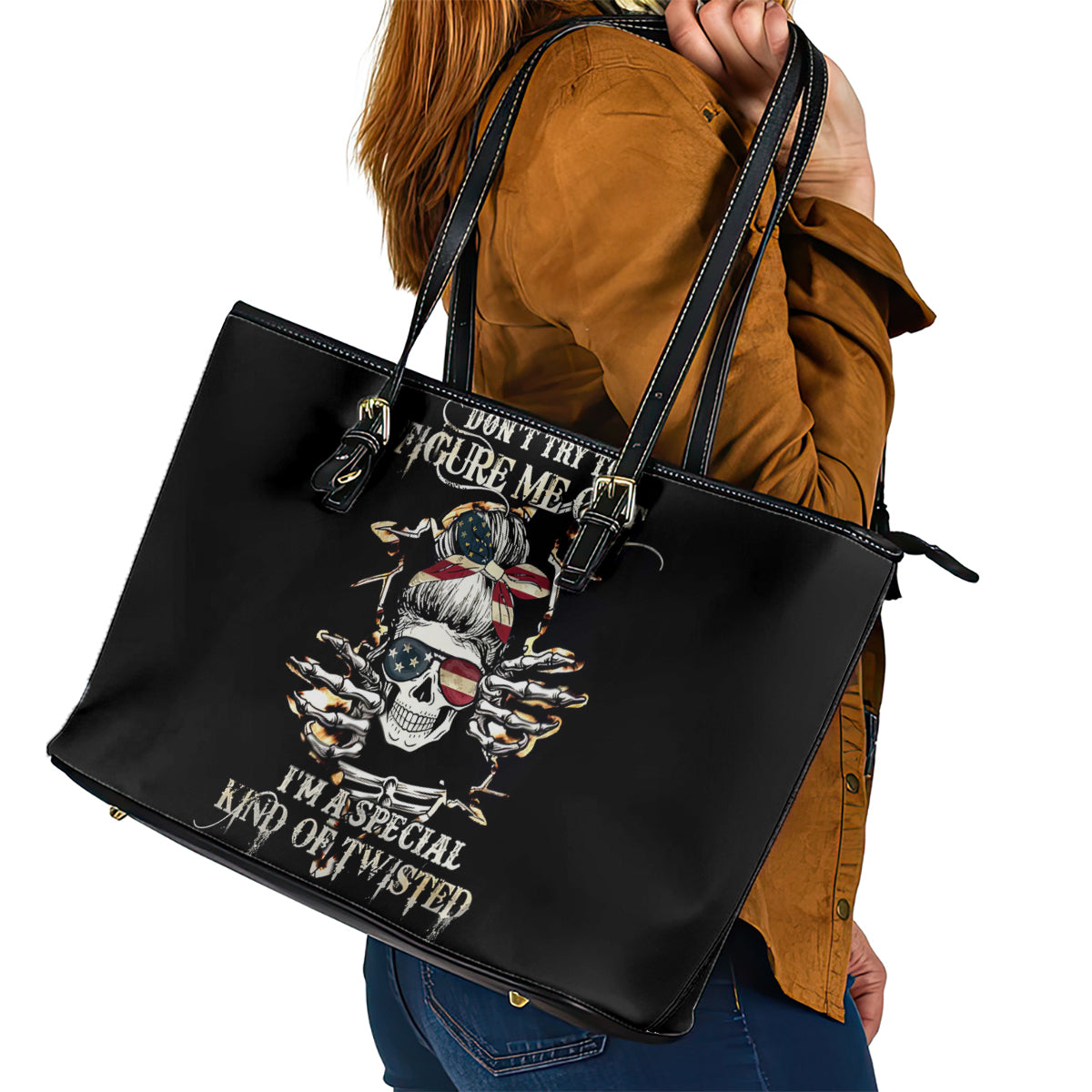 Girl Skull Leather Tote Bag Don't Try To Figured Me Out I Special Kind DT01