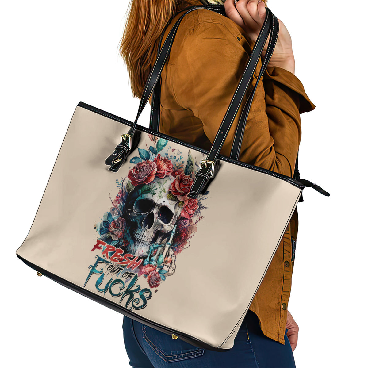 Flower Skull Leather Tote Bag Fresh Out Of Fuck DT01