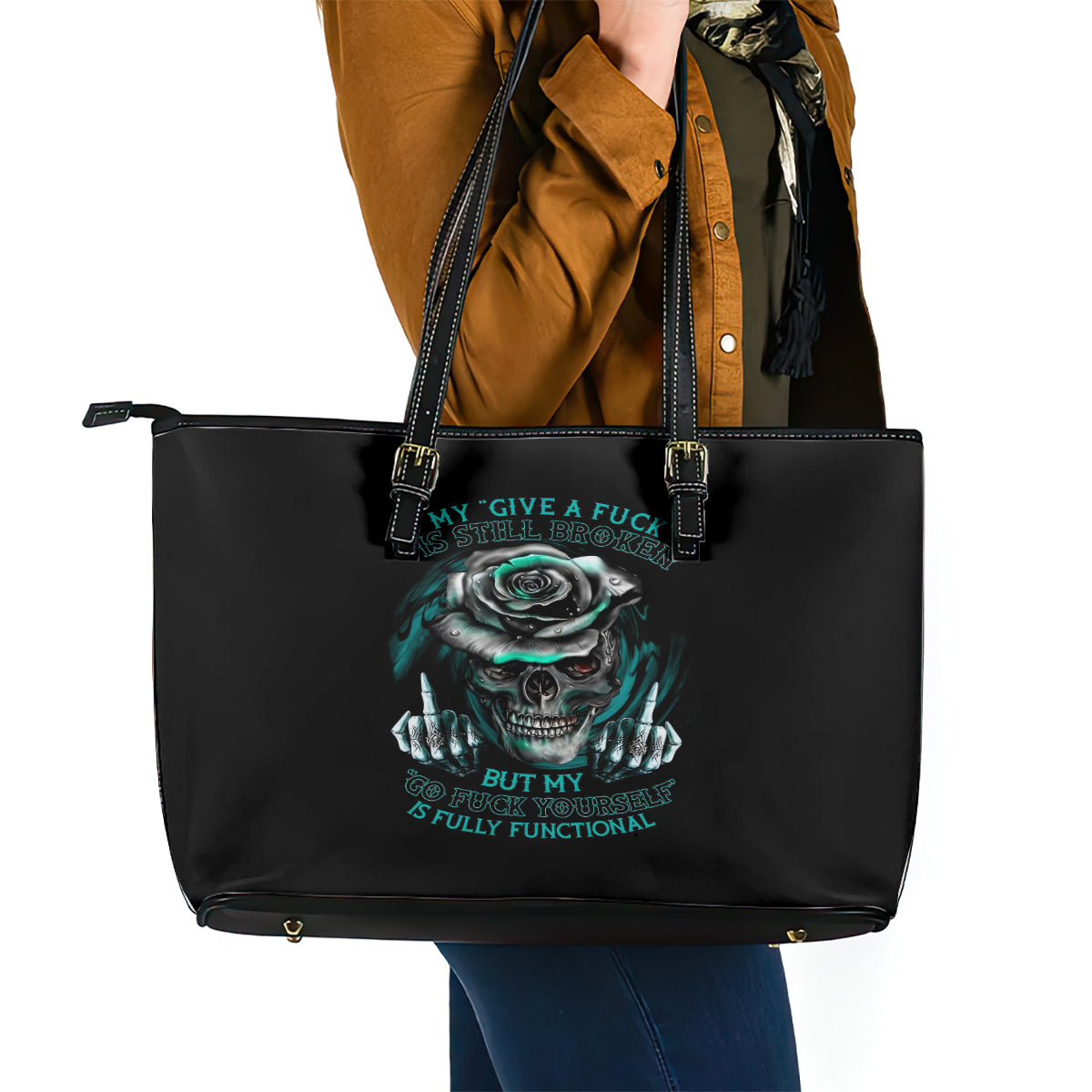 Rose Skull Leather Tote Bag Go Fuck Yourself Is Fully Functional DT01