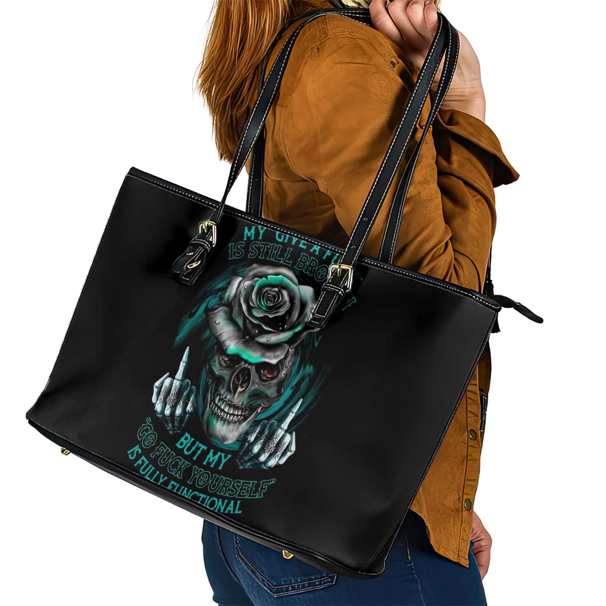 Rose Skull Leather Tote Bag Go Fuck Yourself Is Fully Functional DT01