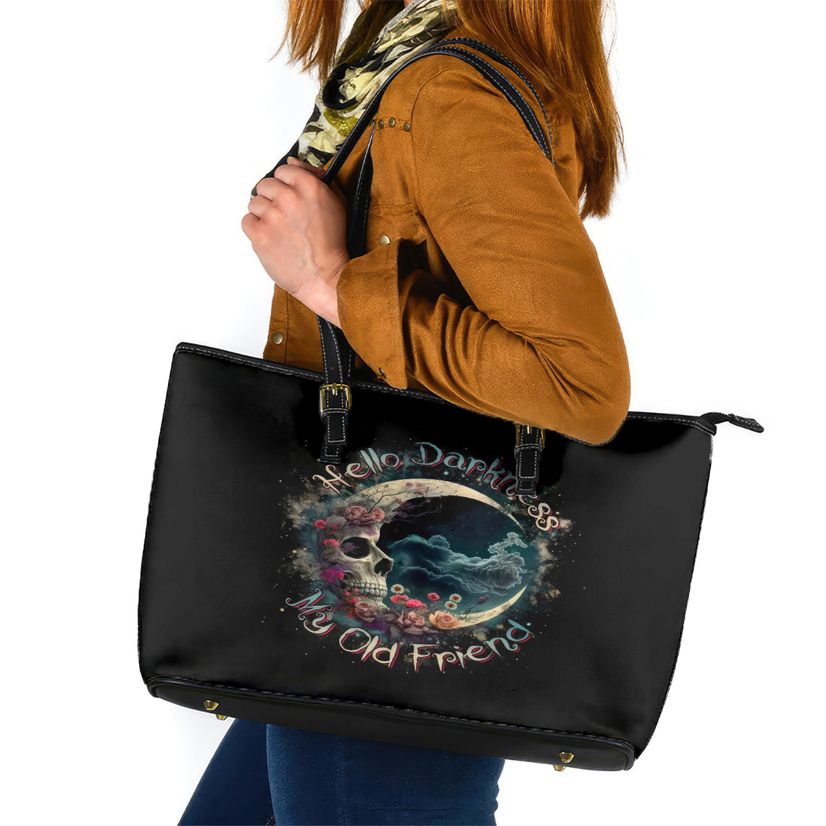 Moon Skull Leather Tote Bag Hello Darkness My Old Friend Moon DT01