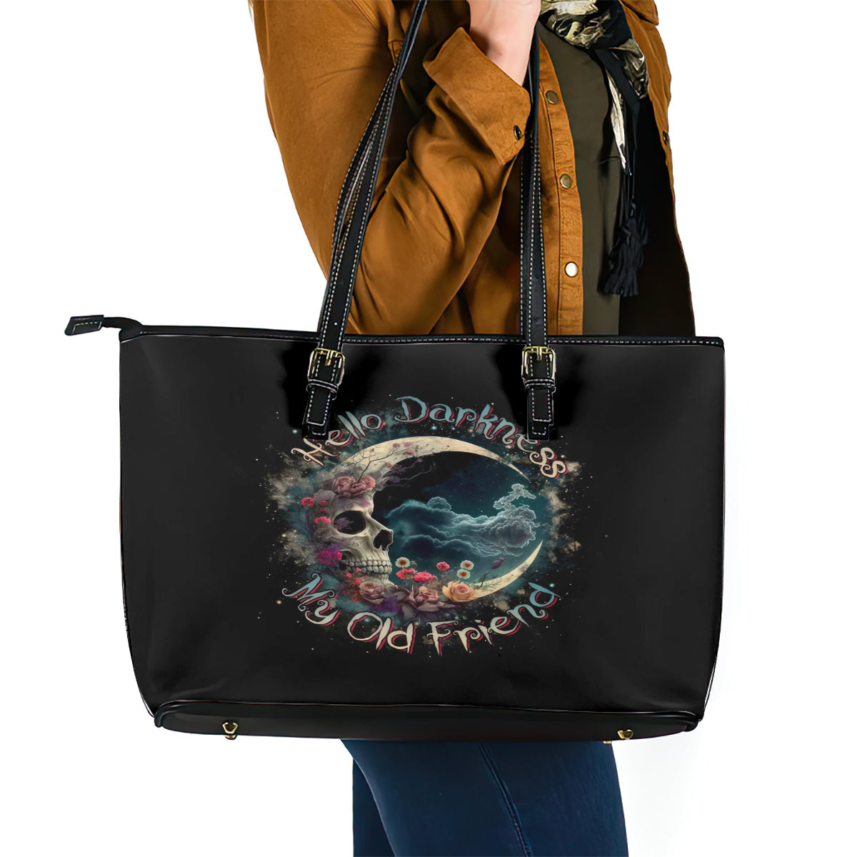 Moon Skull Leather Tote Bag Hello Darkness My Old Friend Moon DT01