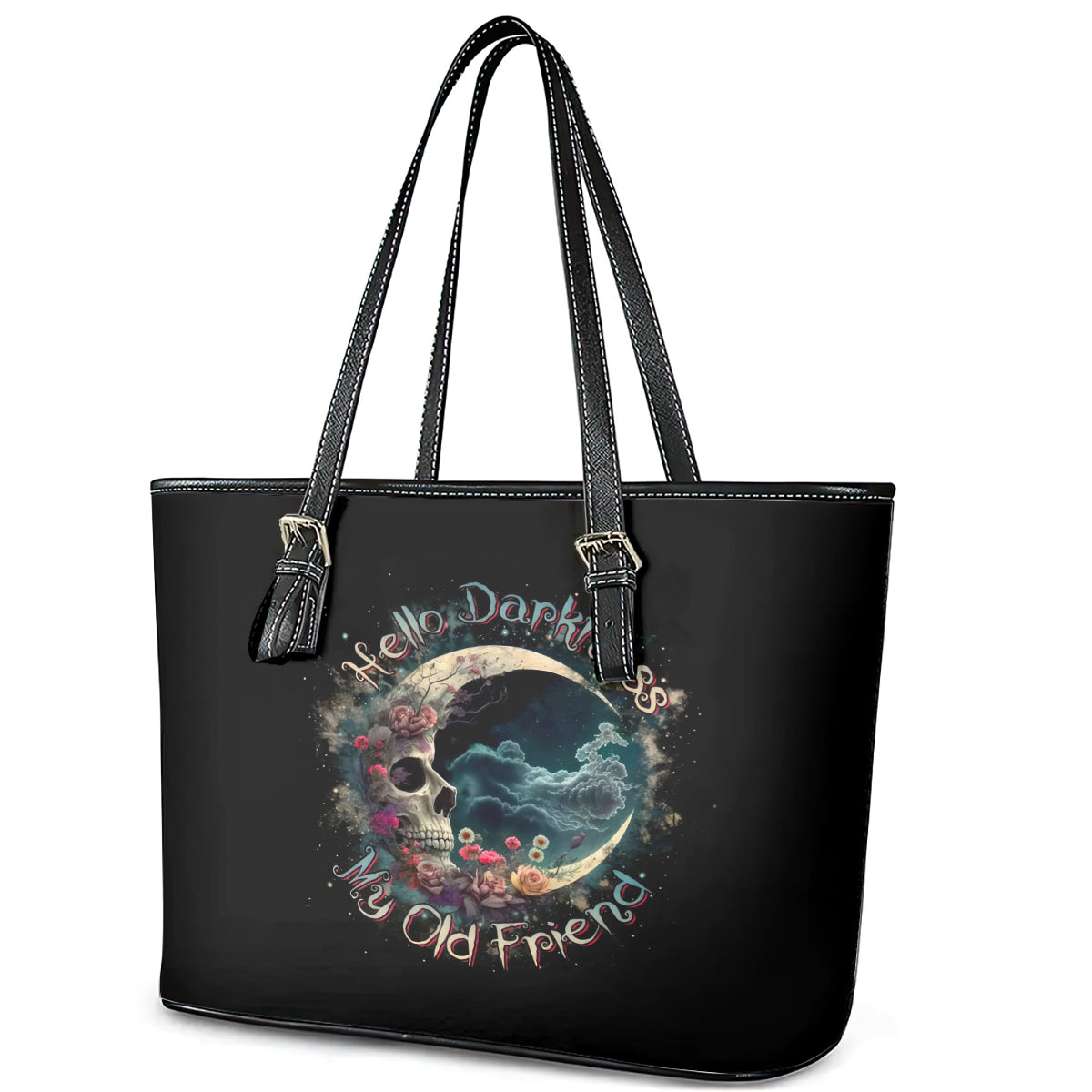 Moon Skull Leather Tote Bag Hello Darkness My Old Friend Moon DT01
