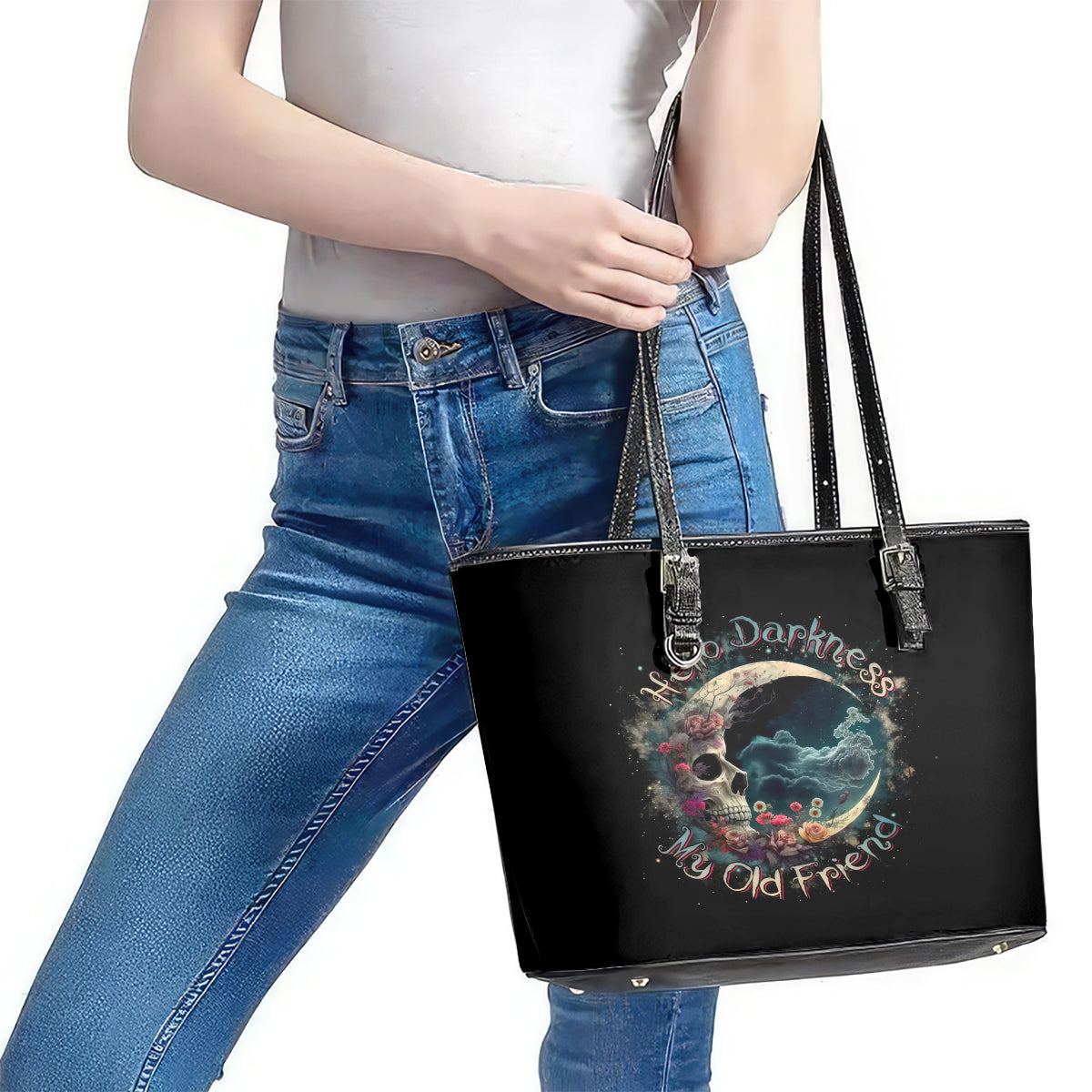 Moon Skull Leather Tote Bag Hello Darkness My Old Friend Moon DT01