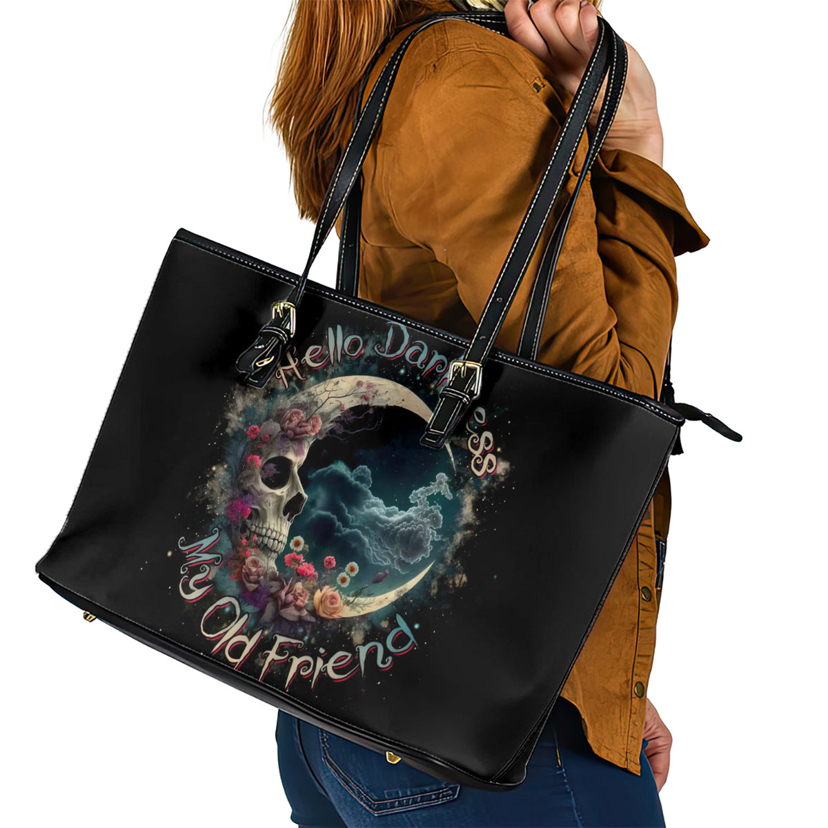 Moon Skull Leather Tote Bag Hello Darkness My Old Friend Moon DT01