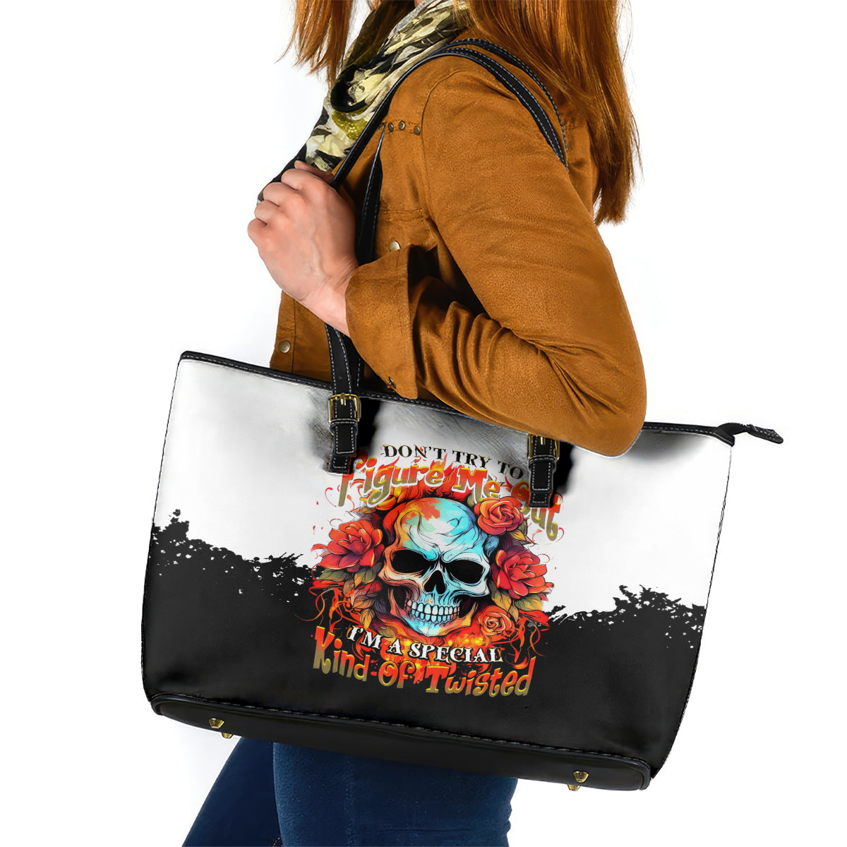 Flower Skull Leather Tote Bag Don't Try To Figured Me Out I Special Kind Fire Flower DT01