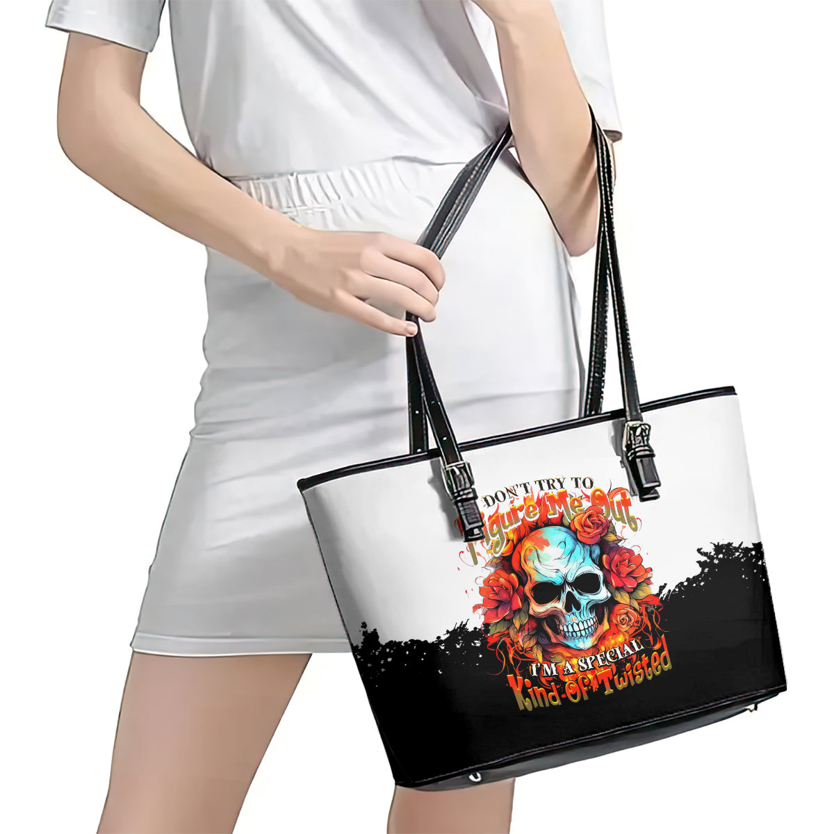 Flower Skull Leather Tote Bag Don't Try To Figured Me Out I Special Kind Fire Flower DT01