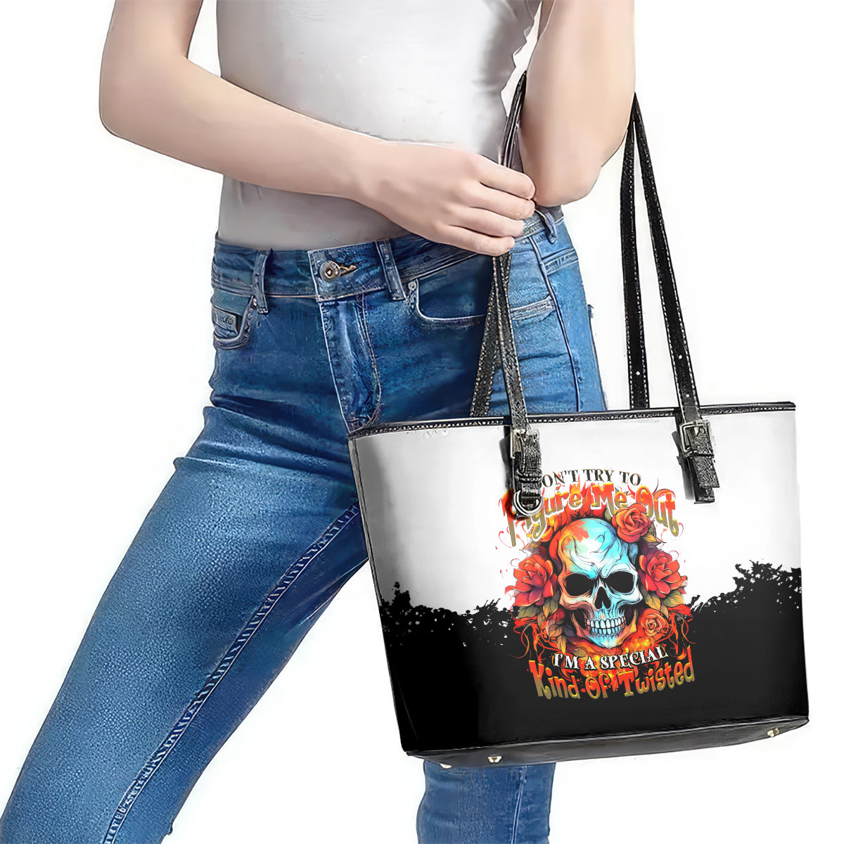 Flower Skull Leather Tote Bag Don't Try To Figured Me Out I Special Kind Fire Flower DT01