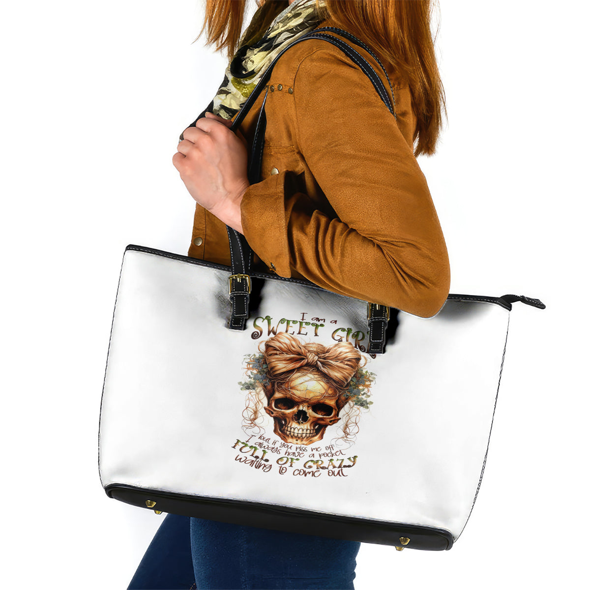 Girl Skull Leather Tote Bag I Sweet Girl Full Of Crazy DT01