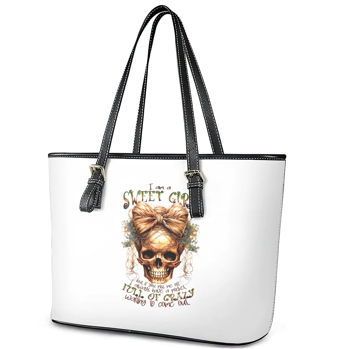 Girl Skull Leather Tote Bag I Sweet Girl Full Of Crazy DT01