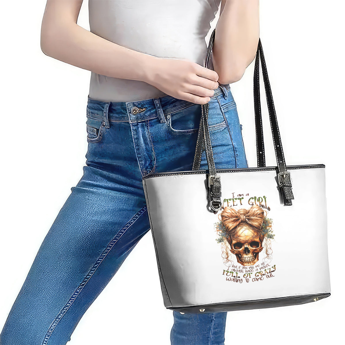 Girl Skull Leather Tote Bag I Sweet Girl Full Of Crazy DT01