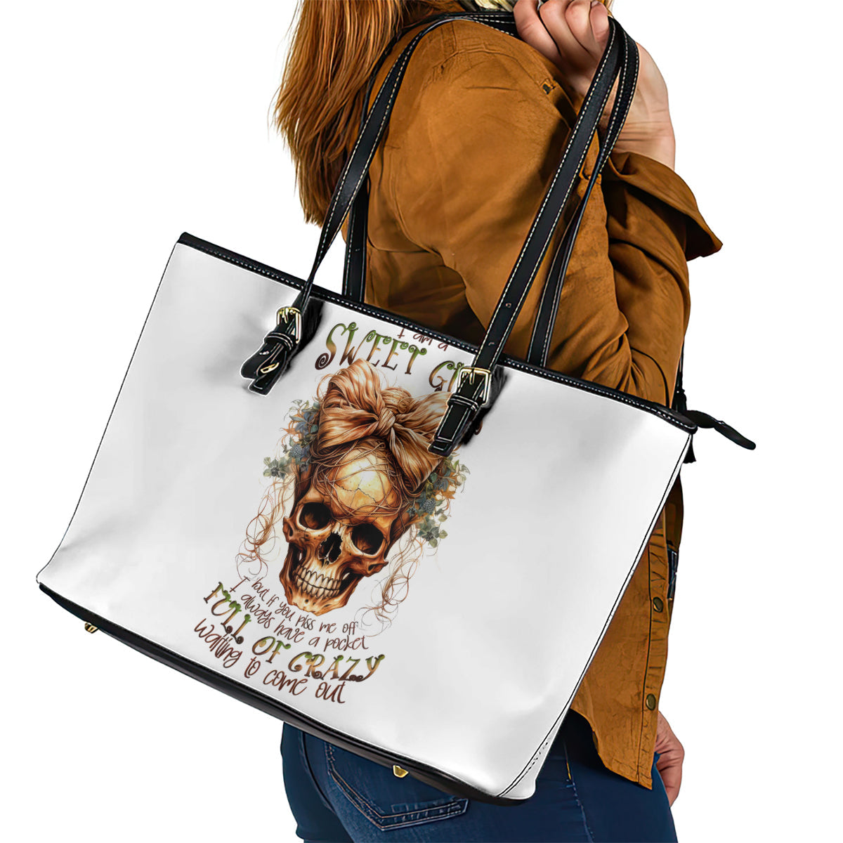 Girl Skull Leather Tote Bag I Sweet Girl Full Of Crazy DT01