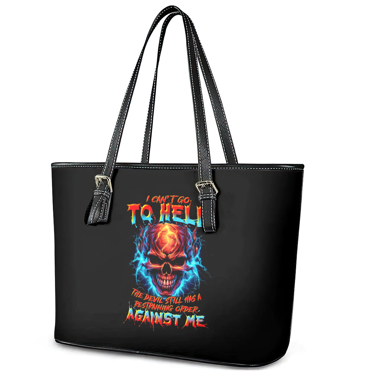 Thunder Skull Leather Tote Bag I Can't Go To Hell Devil Restrainning Order Against Me DT01