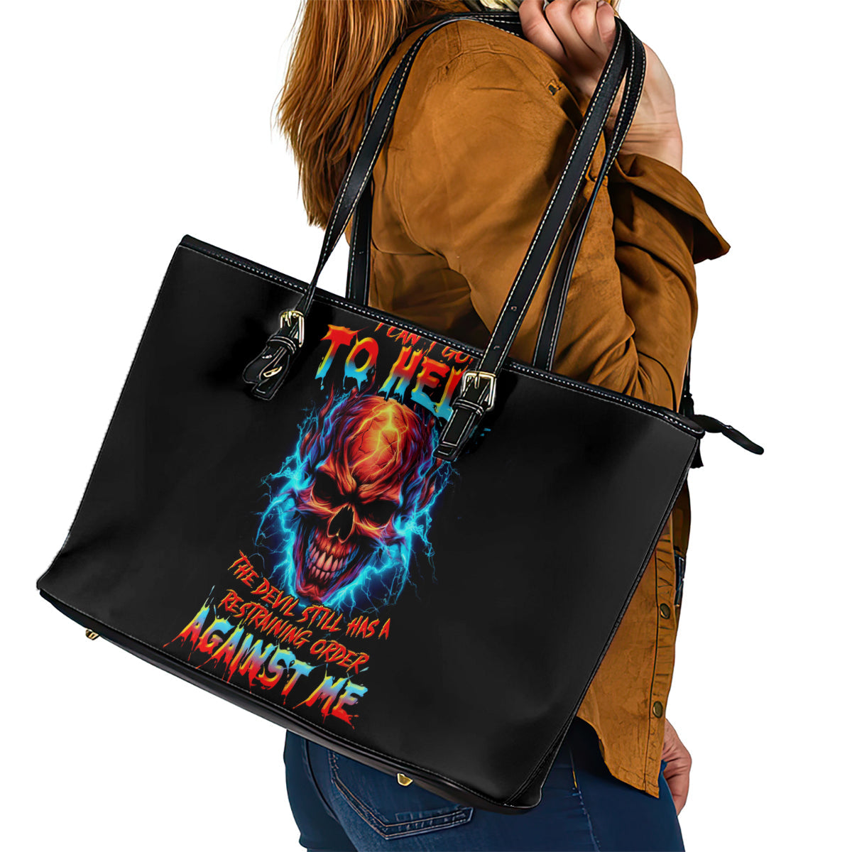 Thunder Skull Leather Tote Bag I Can't Go To Hell Devil Restrainning Order Against Me DT01