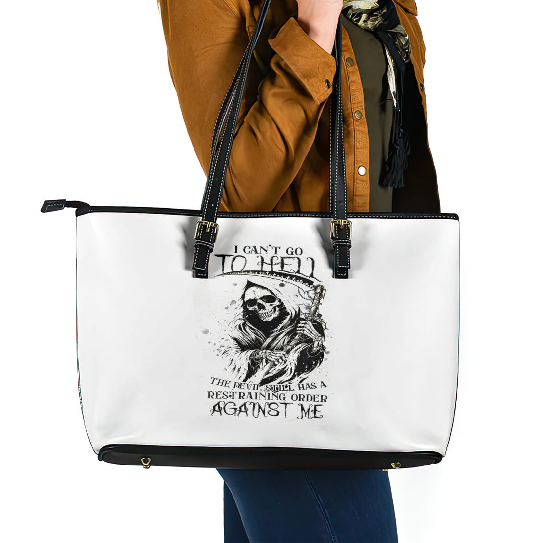 Skull Reaper Leather Tote Bag I Can't Go To Hell Devil Restrainning Order Against Me DT01