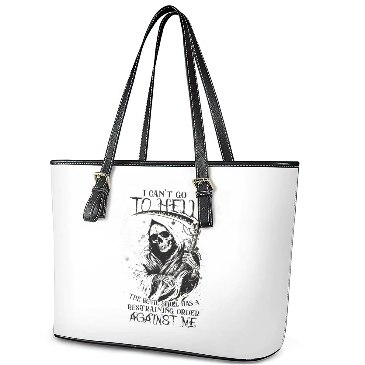 Skull Reaper Leather Tote Bag I Can't Go To Hell Devil Restrainning Order Against Me DT01
