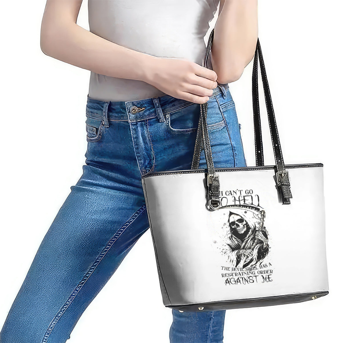 Skull Reaper Leather Tote Bag I Can't Go To Hell Devil Restrainning Order Against Me DT01