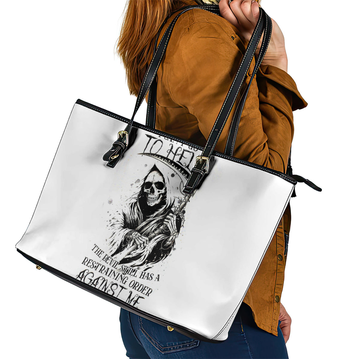 Skull Reaper Leather Tote Bag I Can't Go To Hell Devil Restrainning Order Against Me DT01