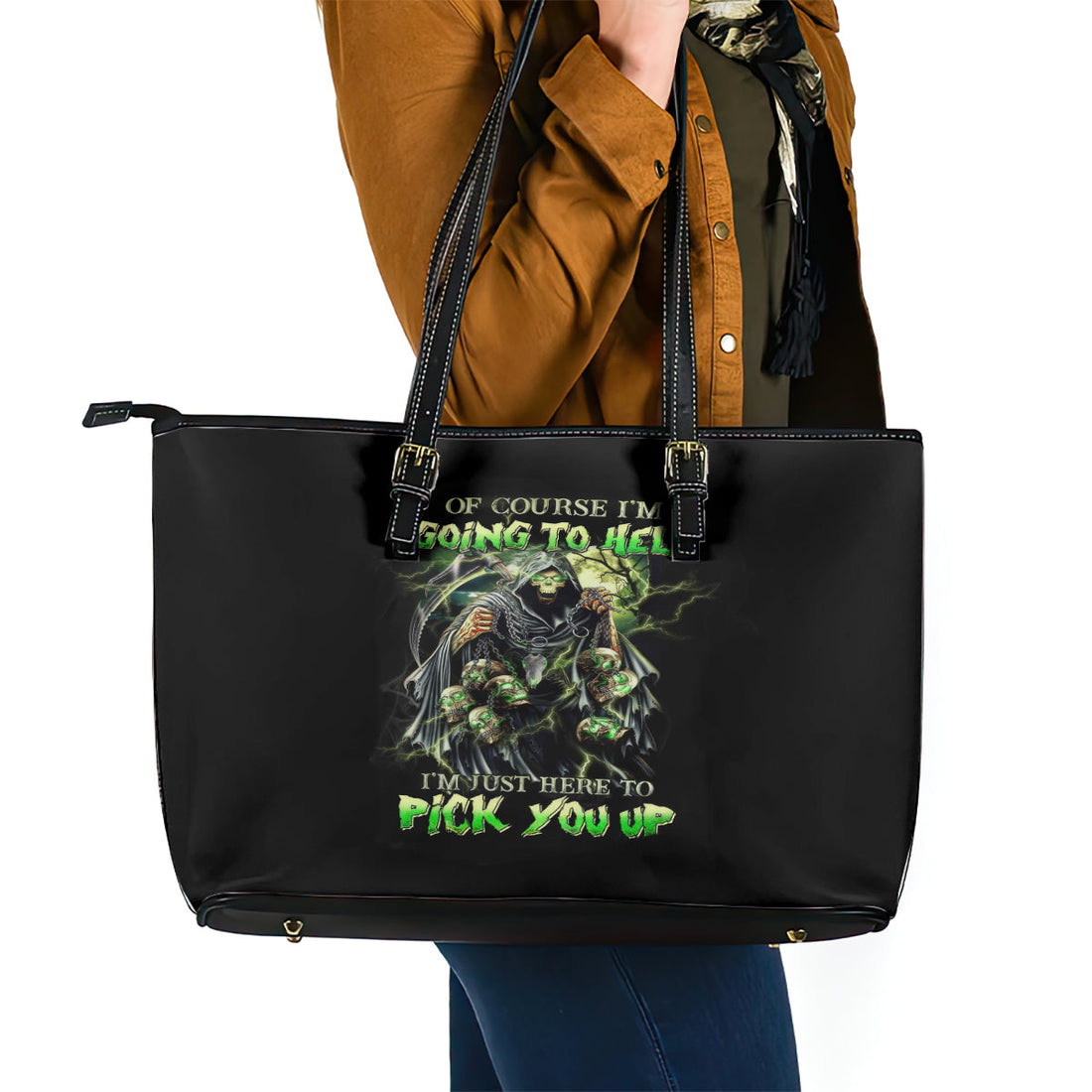 Skull Reaper Leather Tote Bag I Going To Hell Just Pick You Up DT01