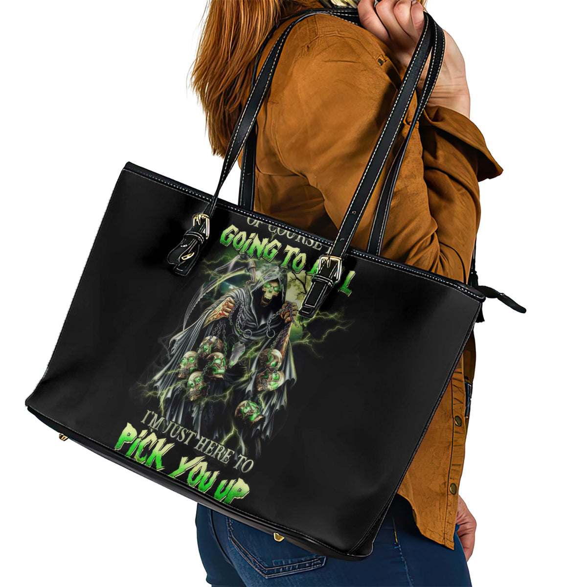 Skull Reaper Leather Tote Bag I Going To Hell Just Pick You Up DT01