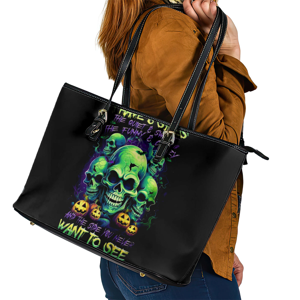 Skull Pumpkin Leather Tote Bag I Have Three Side Quite Funny And Side You Never Want DT01