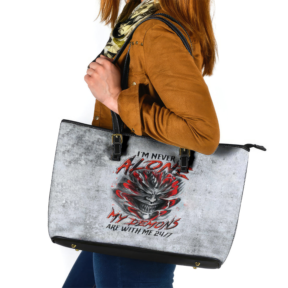 Devil Skull Leather Tote Bag I Never Alone My Demon With Me 24/7 DT01