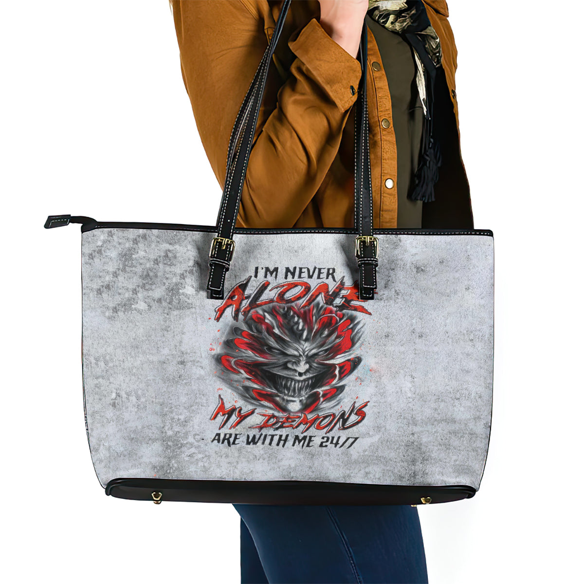 Devil Skull Leather Tote Bag I Never Alone My Demon With Me 24/7 DT01