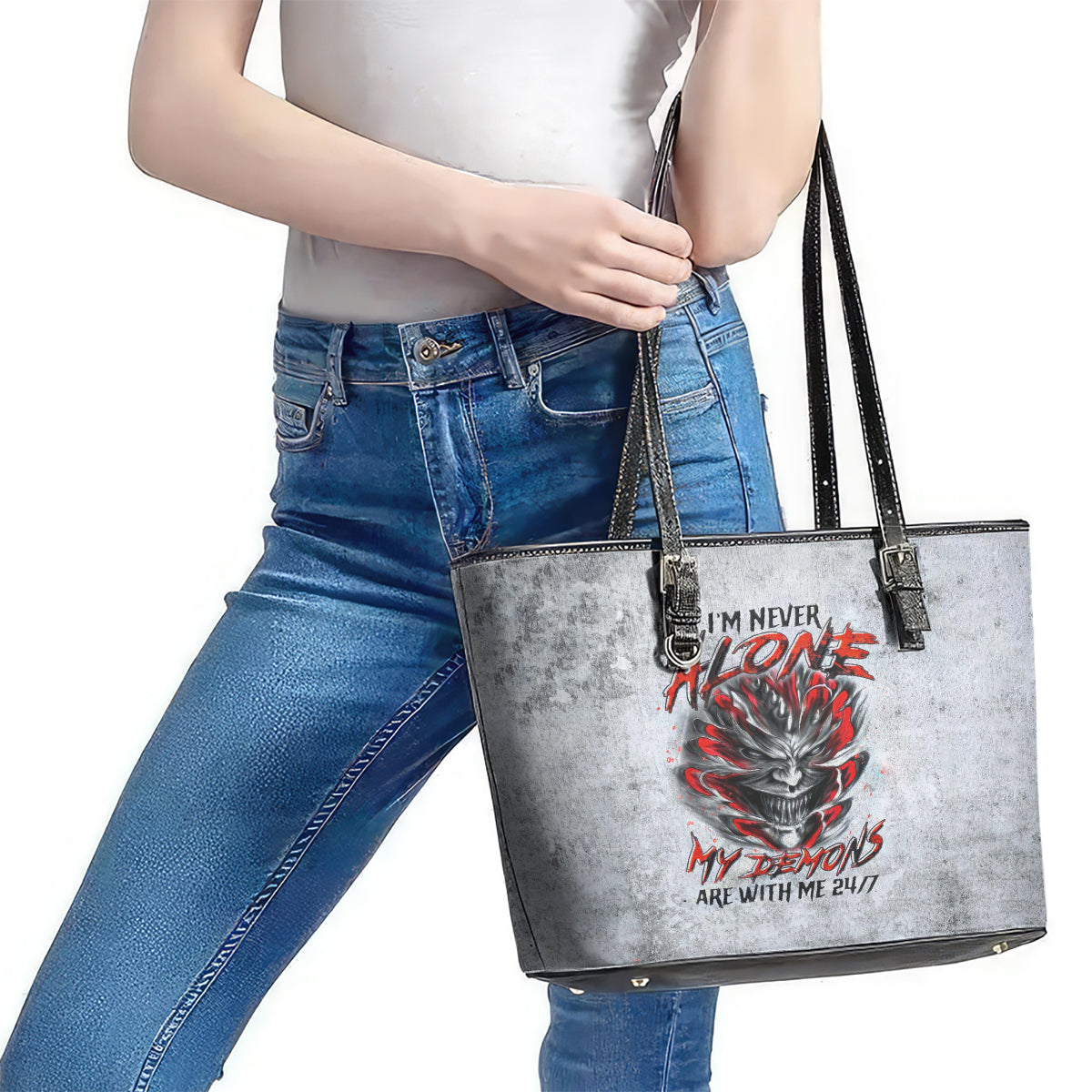 Devil Skull Leather Tote Bag I Never Alone My Demon With Me 24/7 DT01