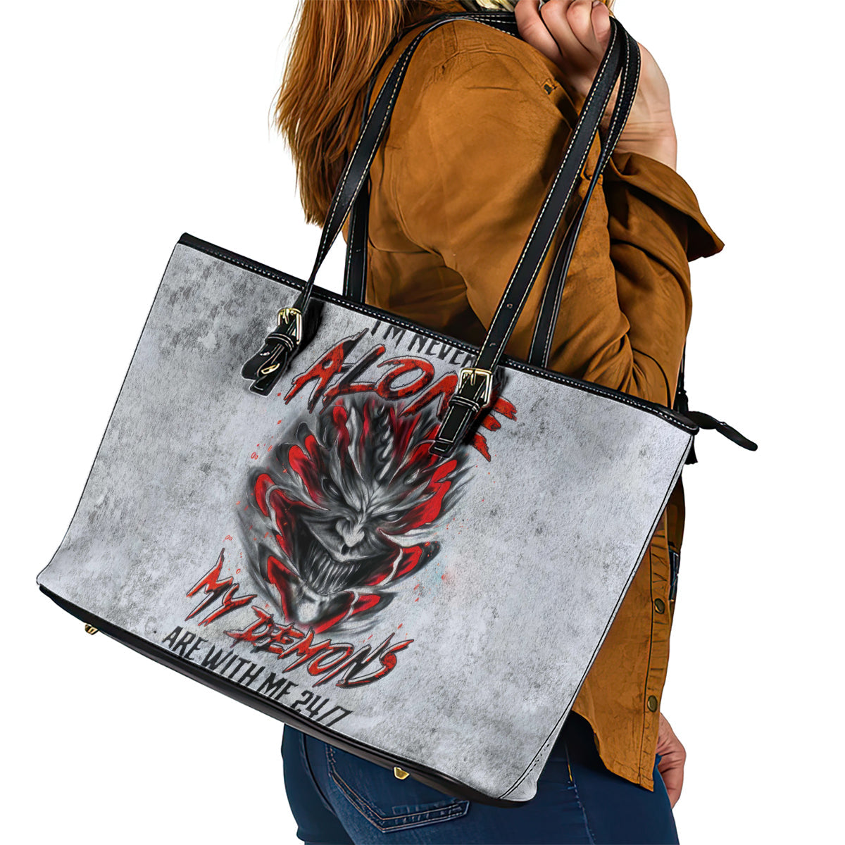 Devil Skull Leather Tote Bag I Never Alone My Demon With Me 24/7 DT01
