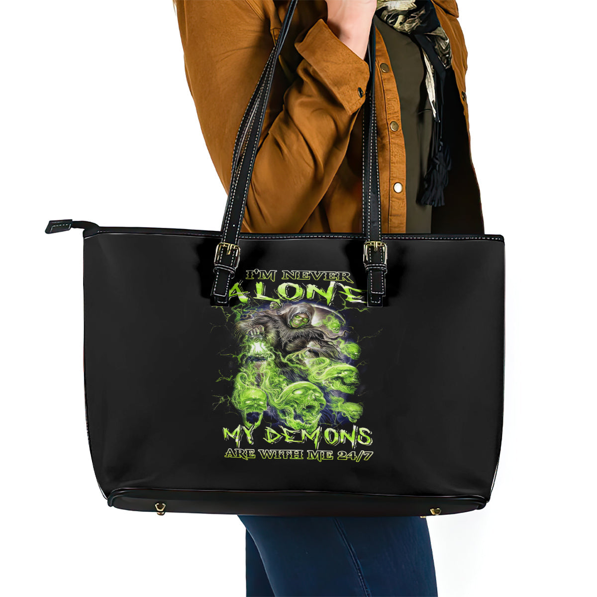 Death Skull Leather Tote Bag I Never Alone My Demon With Me 24/7 DT01