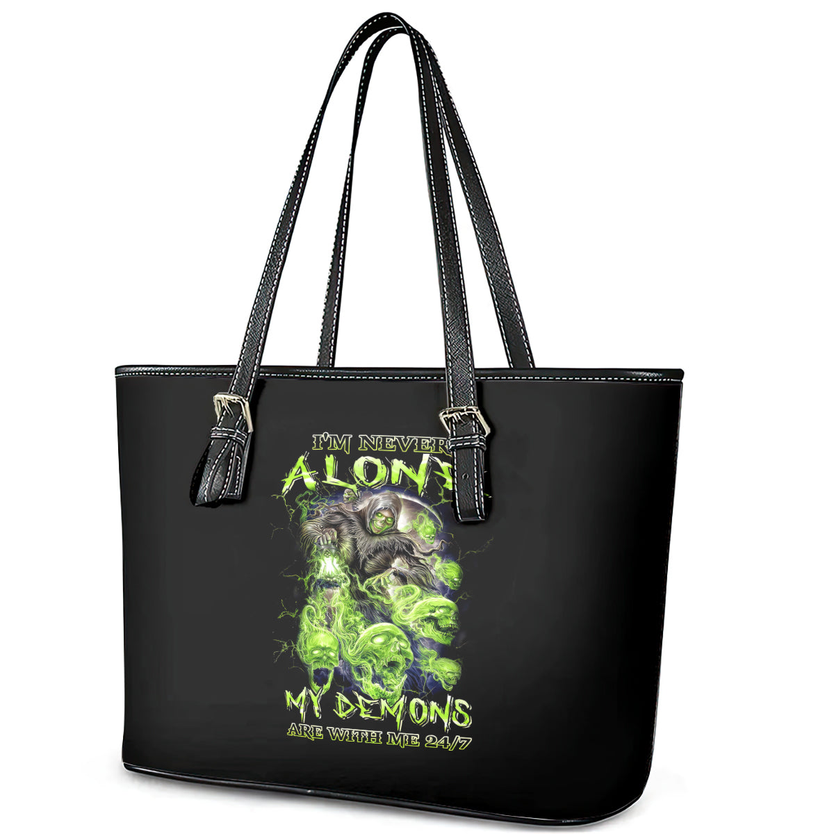 Death Skull Leather Tote Bag I Never Alone My Demon With Me 24/7 DT01