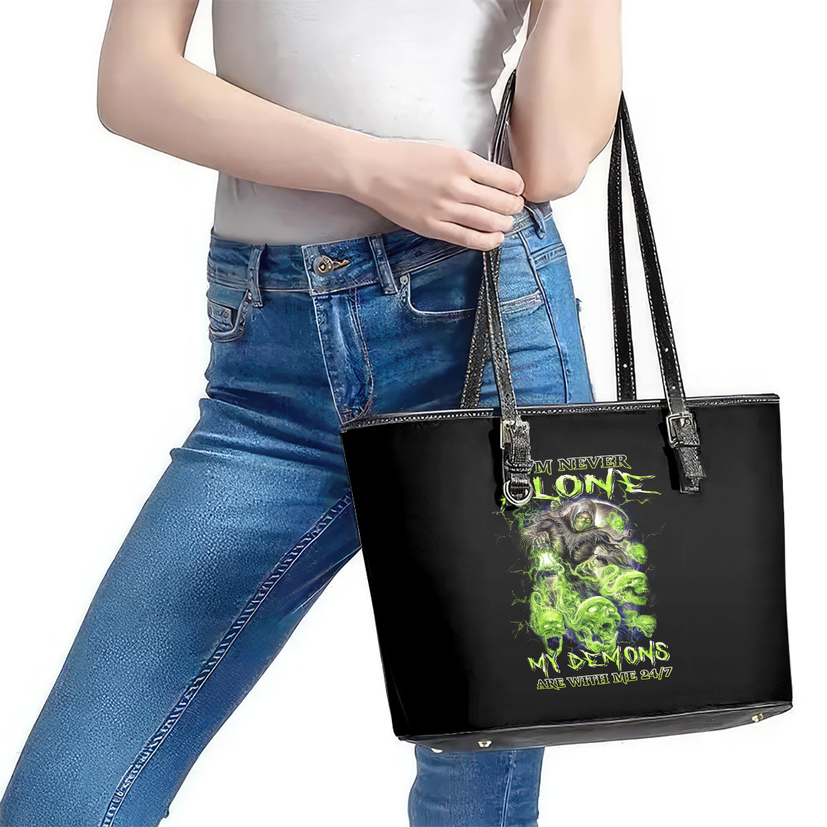 Death Skull Leather Tote Bag I Never Alone My Demon With Me 24/7 DT01