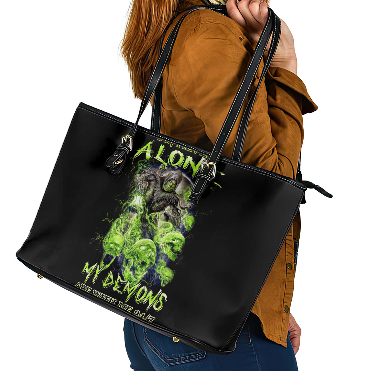 Death Skull Leather Tote Bag I Never Alone My Demon With Me 24/7 DT01