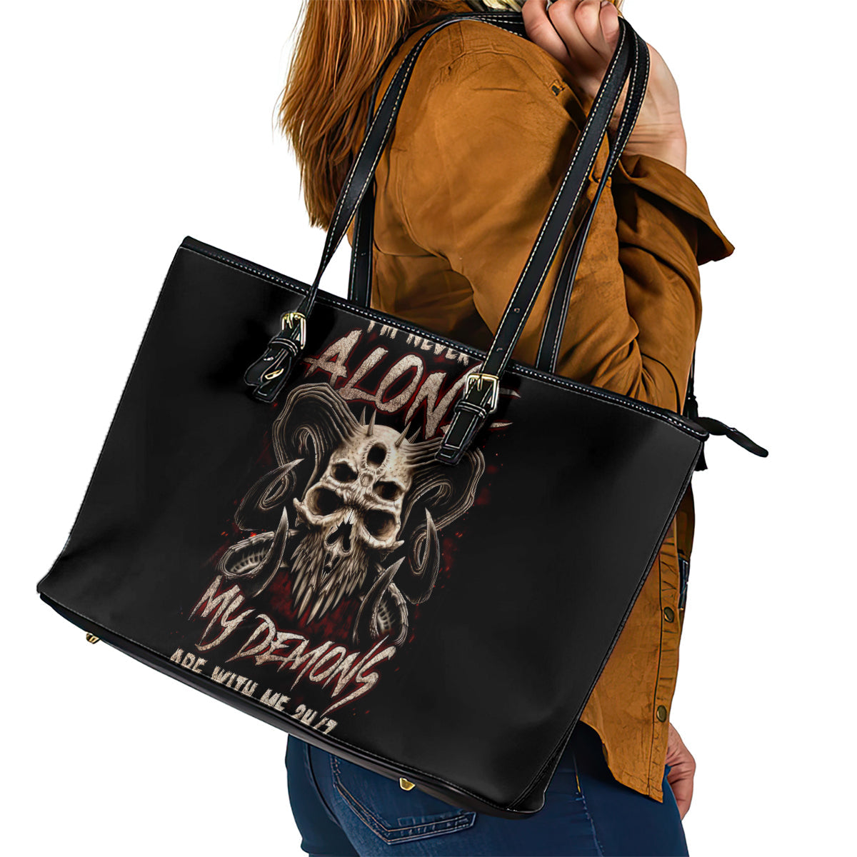 Satan Skull Leather Tote Bag I Never Alone My Demon With Me 24/7 DT01