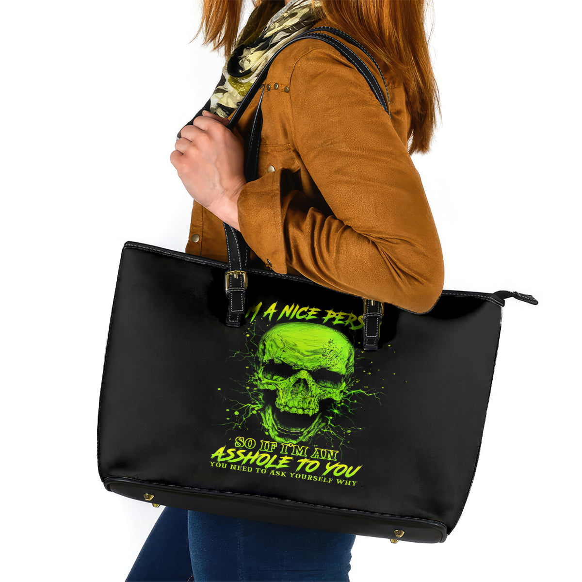 Thunder Skull Leather Tote Bag I'm A Nice Person So If I'm An Asshole You Need To Ask Yourself DT01