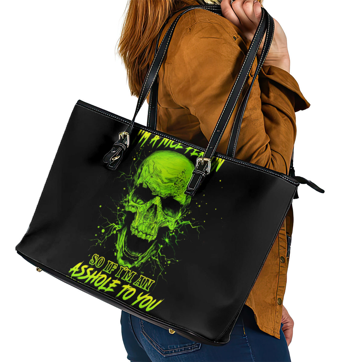 Thunder Skull Leather Tote Bag I'm A Nice Person So If I'm An Asshole You Need To Ask Yourself DT01