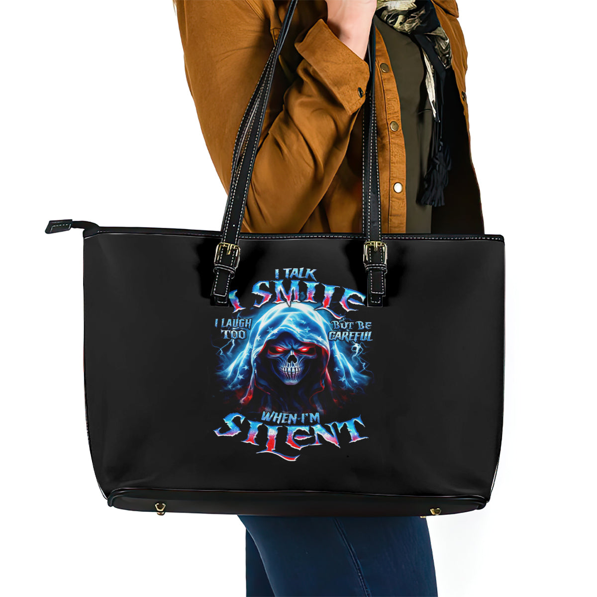 American Skull Leather Tote Bag I Talk I Smile But Be Carefull When I Silent DT01