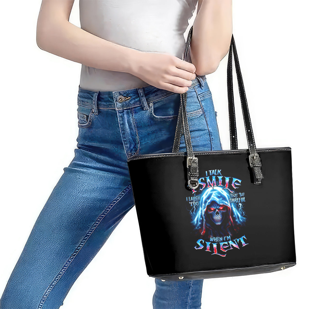 American Skull Leather Tote Bag I Talk I Smile But Be Carefull When I Silent DT01