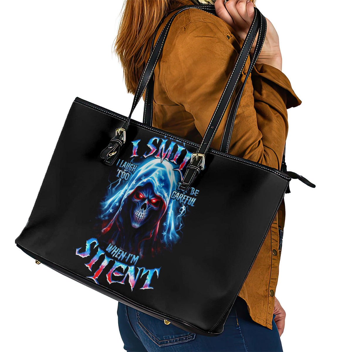 American Skull Leather Tote Bag I Talk I Smile But Be Carefull When I Silent DT01