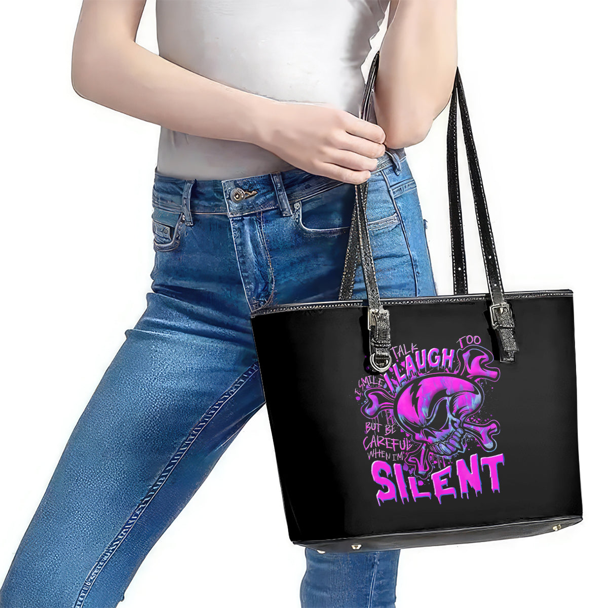 Graffiti Skull Leather Tote Bag I Talk I Smile But Be Carefull When I Silent DT01