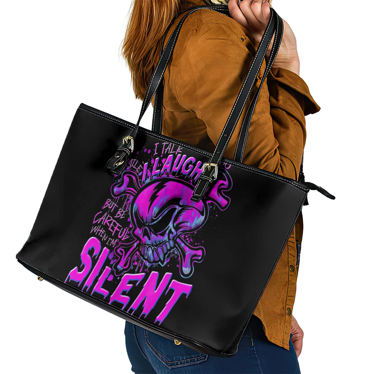 Graffiti Skull Leather Tote Bag I Talk I Smile But Be Carefull When I Silent DT01