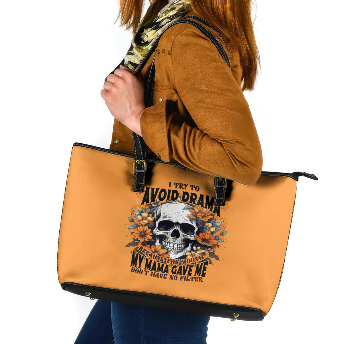 Flower Skull Leather Tote Bag I Try To Avoid Drama DT01