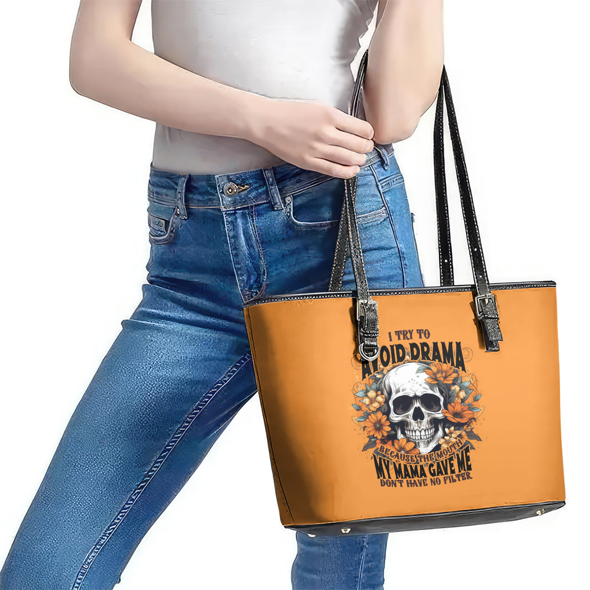 Flower Skull Leather Tote Bag I Try To Avoid Drama DT01