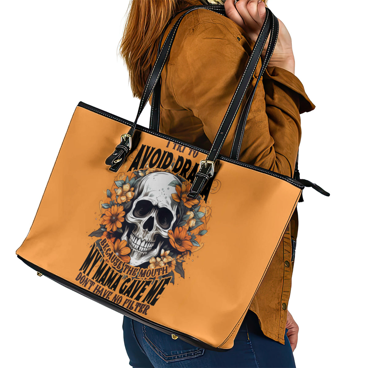 Flower Skull Leather Tote Bag I Try To Avoid Drama DT01