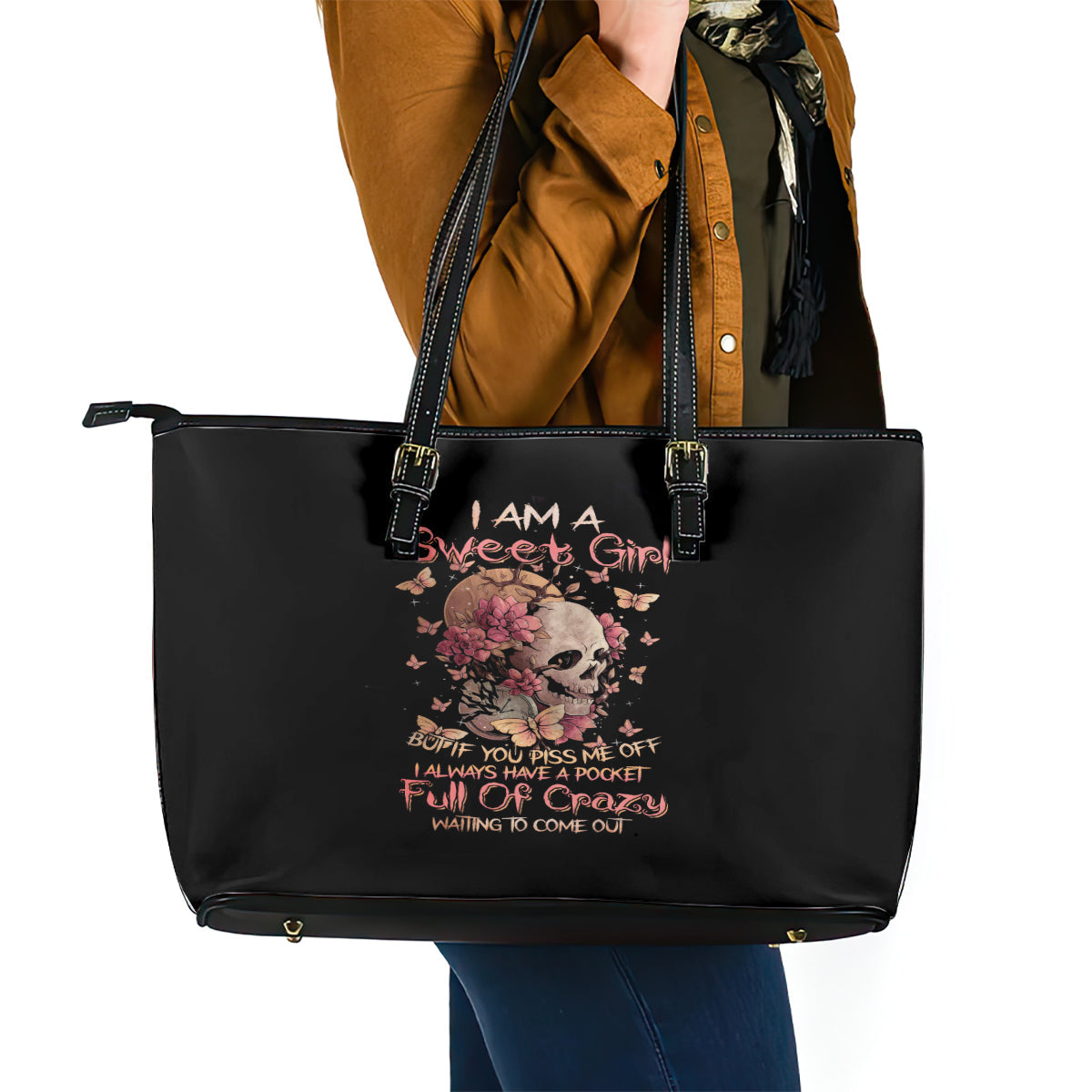 Flower Skull Leather Tote Bag Iam A Sweet Girl Full Of Crazy DT01