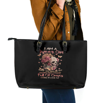 Flower Skull Leather Tote Bag Iam A Sweet Girl Full Of Crazy DT01