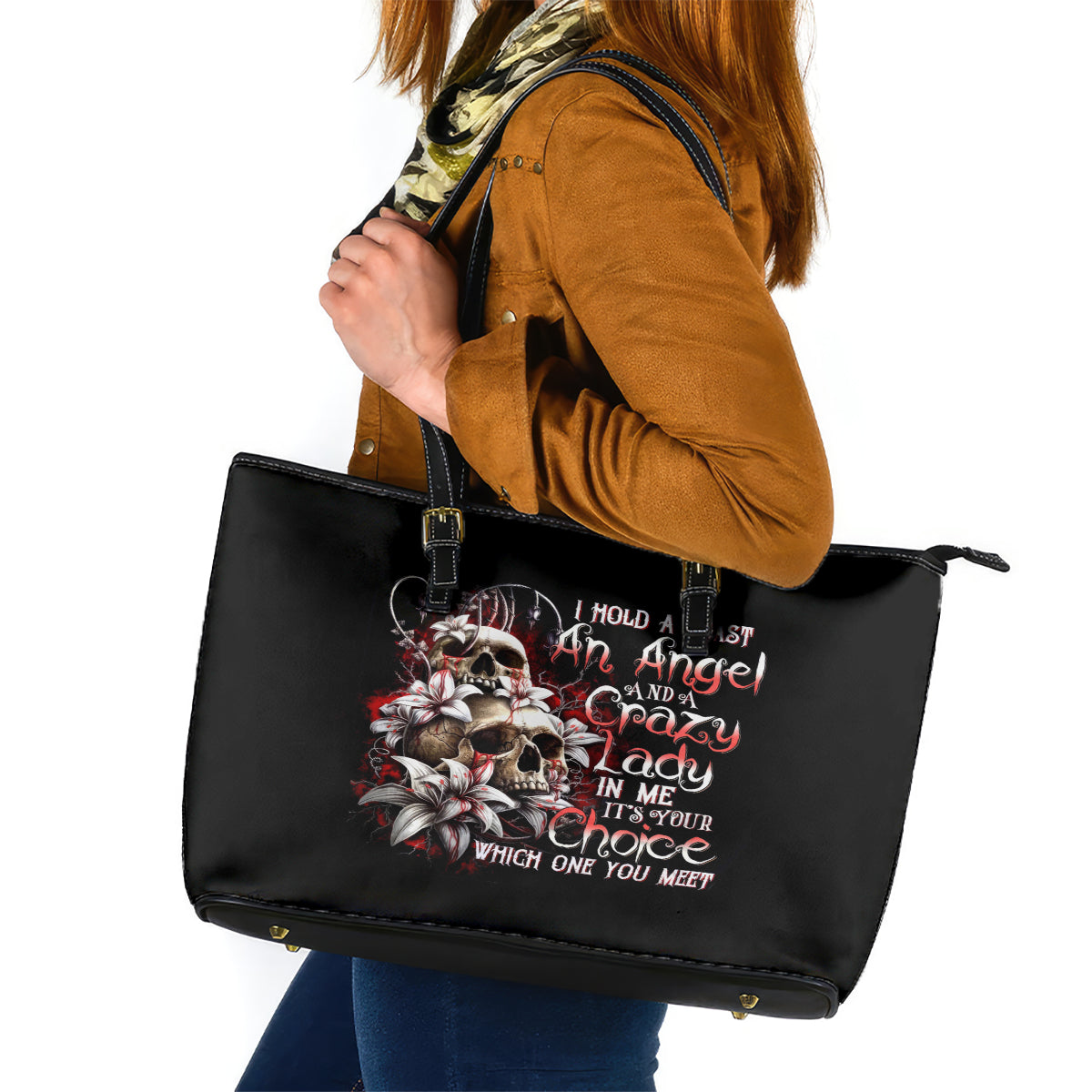Blood Skull Leather Tote Bag I Hold A Angel And Crazy Lady It Your Choice DT01