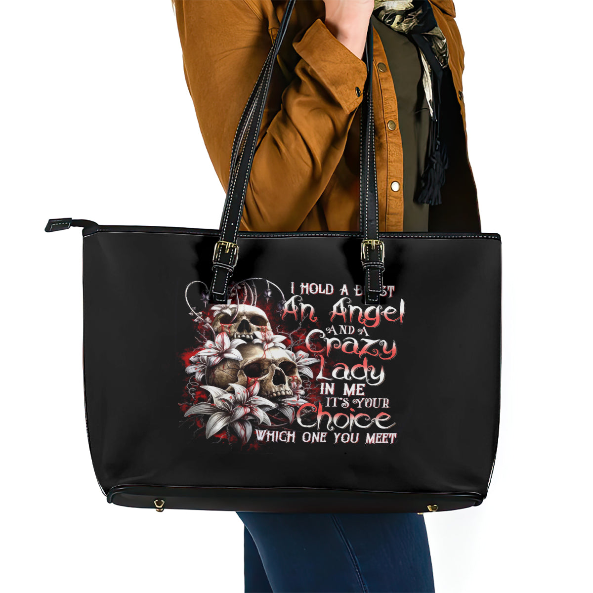 Blood Skull Leather Tote Bag I Hold A Angel And Crazy Lady It Your Choice DT01