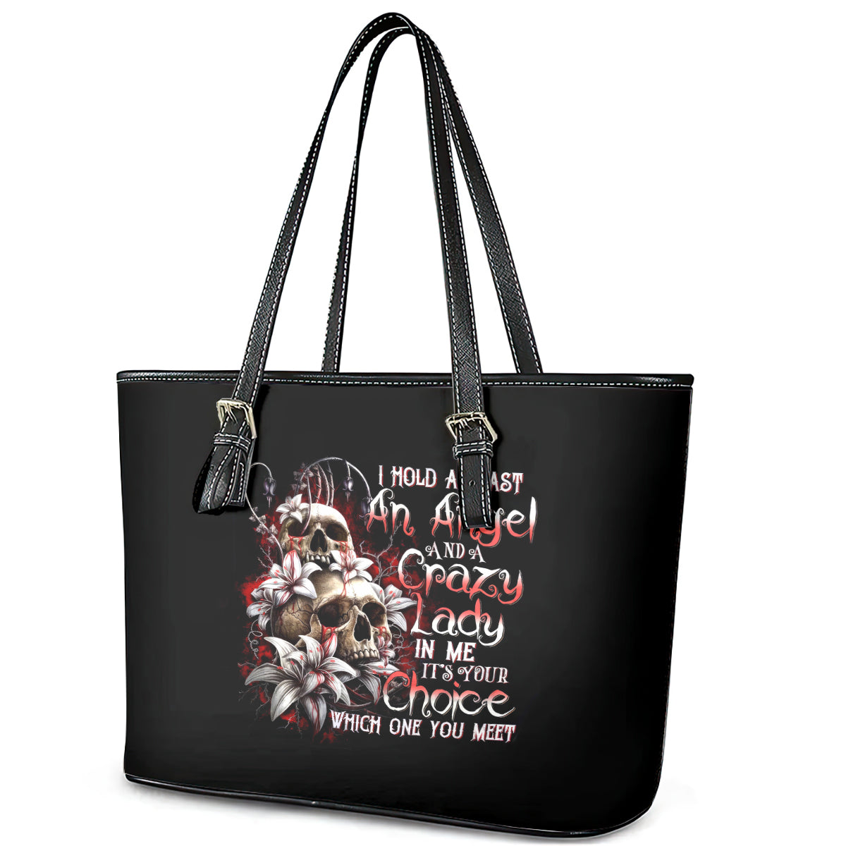 Blood Skull Leather Tote Bag I Hold A Angel And Crazy Lady It Your Choice DT01